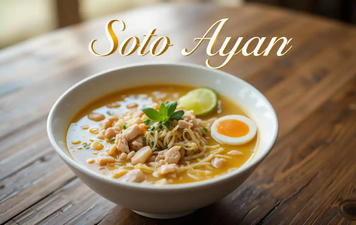 Clear yellow chicken soup in a white bowl on wooden table