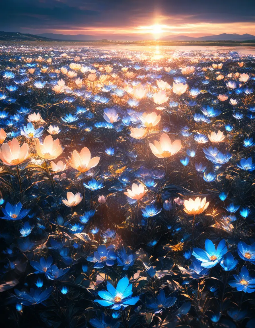 Cinematic valley of glowing blue flowers and river