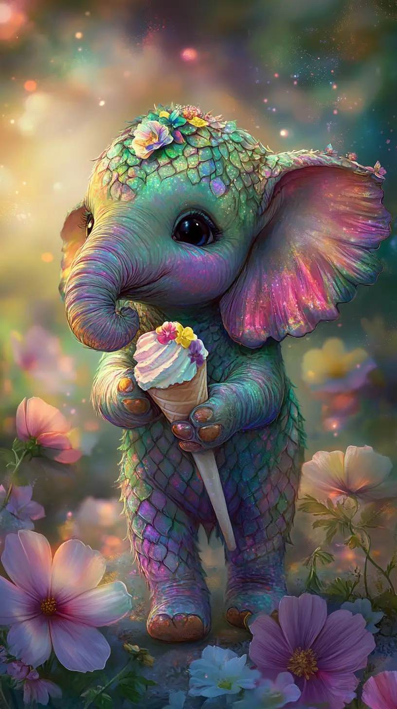 Whimsical digital painting of a small elephant with ice cream