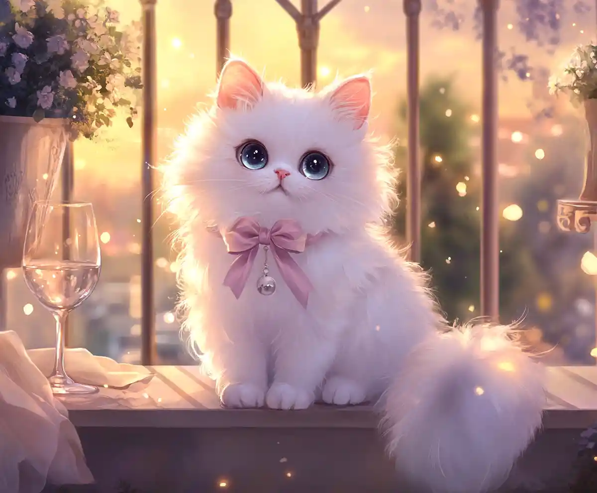Süße weiße Anime-Katze auf einem traumhaften Balkon
