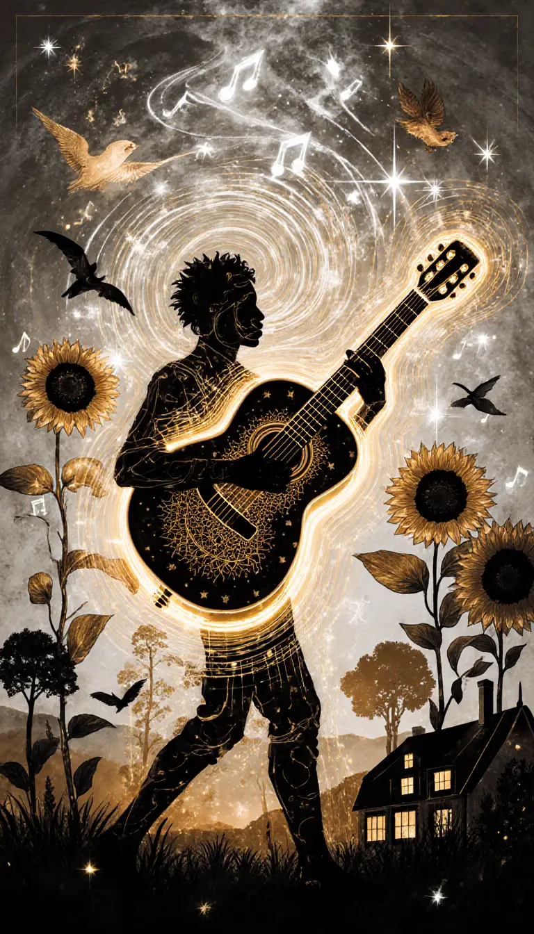 Double exposure celestial guitar with abstract musical background