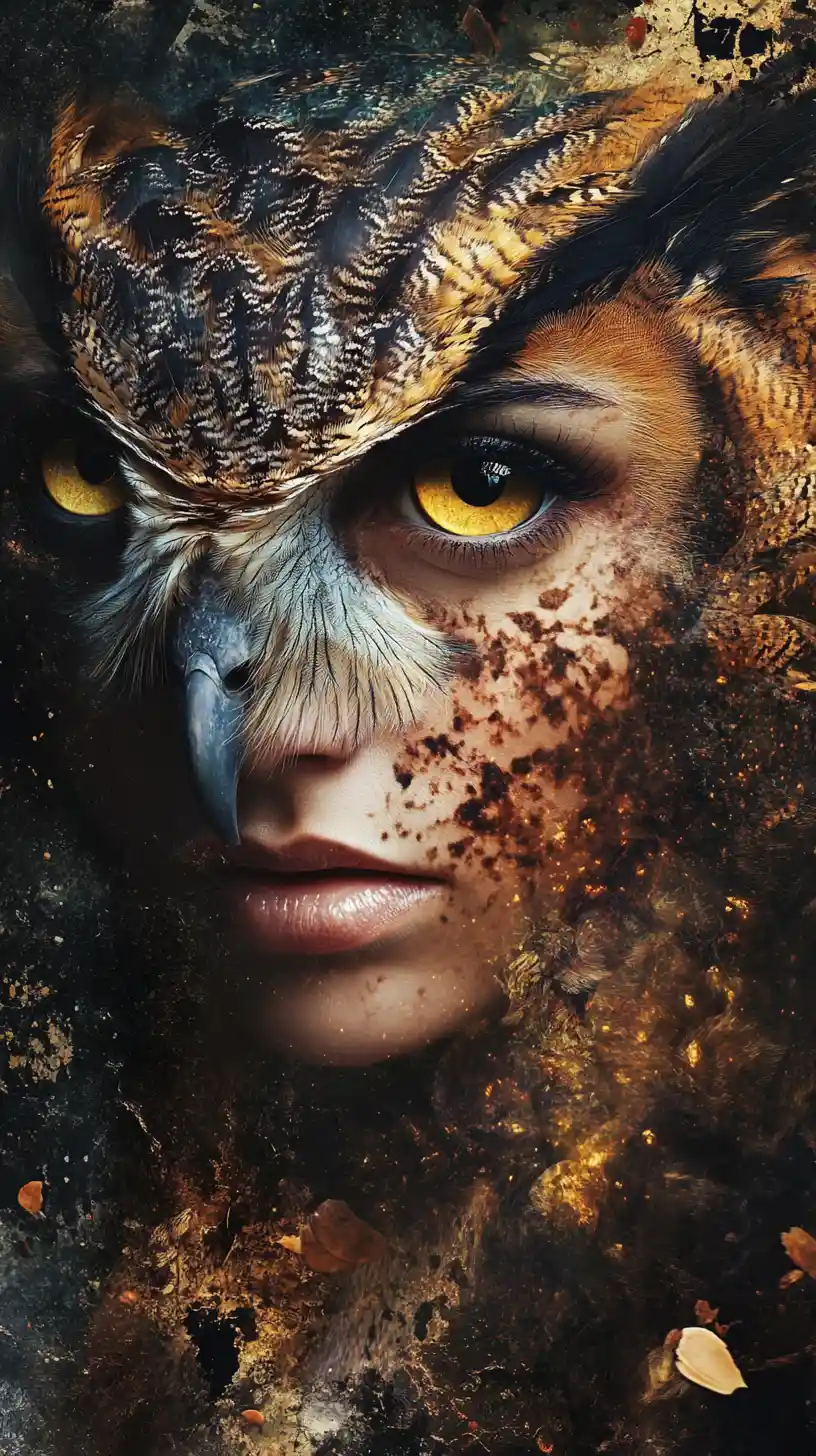 Woman face merging with an owl in swirling ink