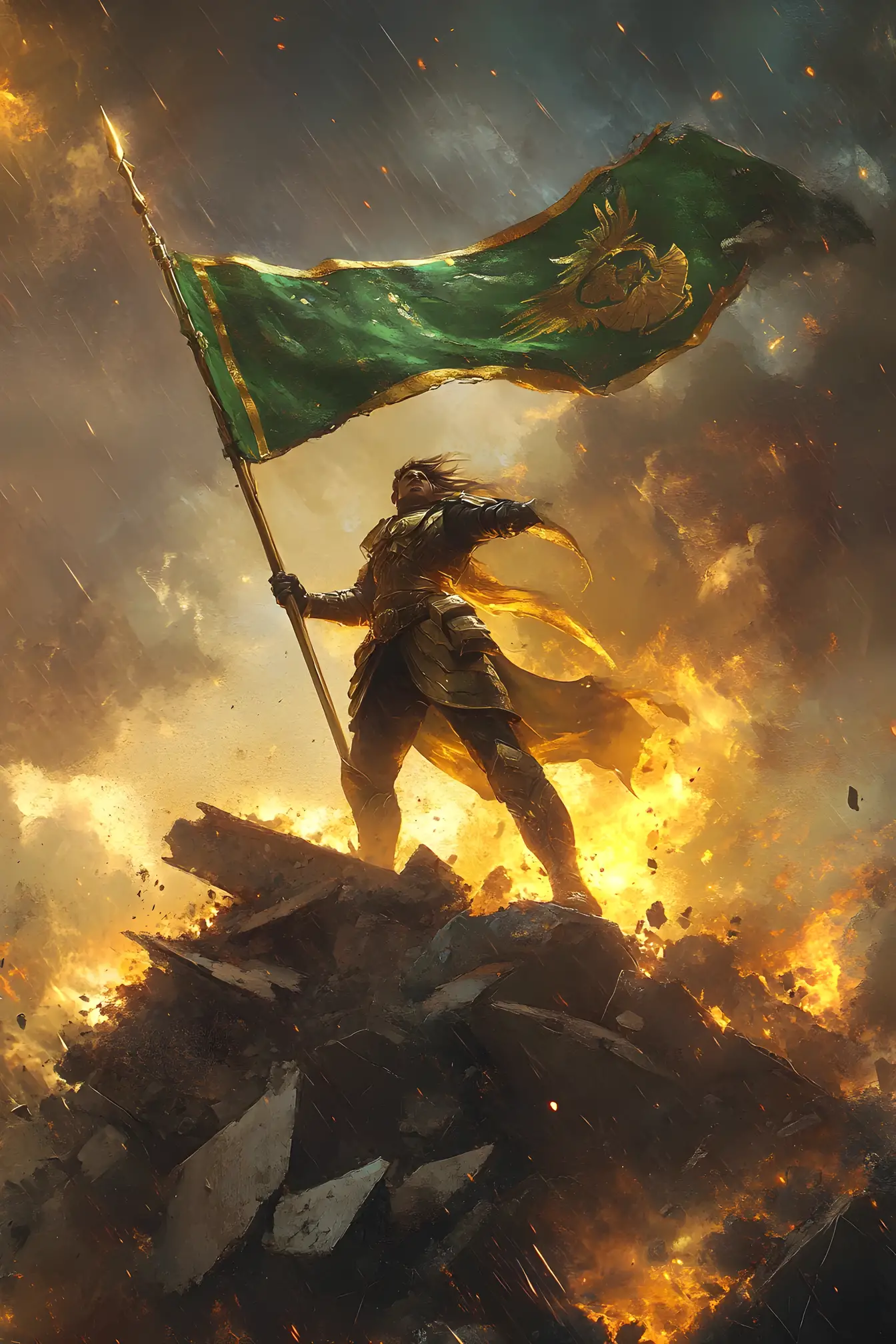 Heroic warrior raising a chapter banner over ruined battlefield