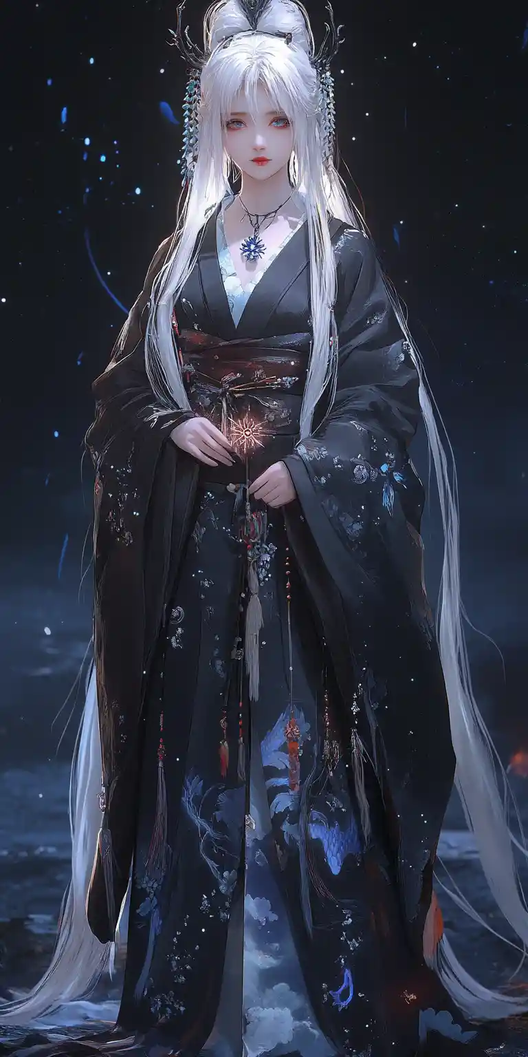 Mystical white haired woman in dark kimono under moonlight
