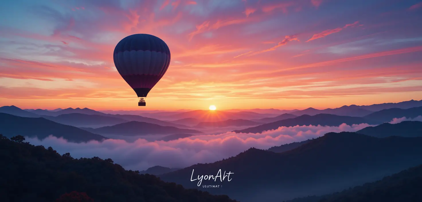 Hot air balloon above colorful mountains at sunrise