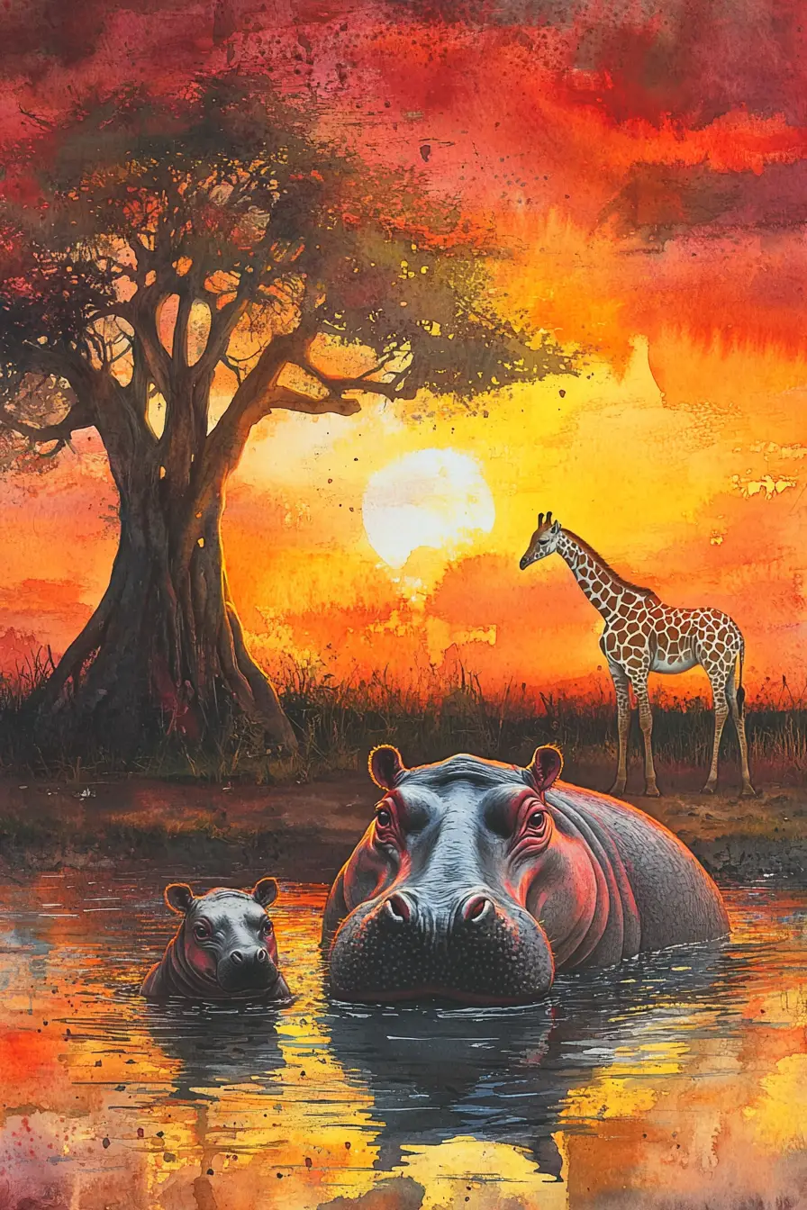 Hippos Resting In A Serengeti Watering Hole At Sunset