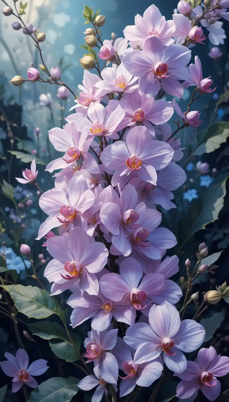 Folleto en ilustración vectorial con flores de vinca y orquídeas