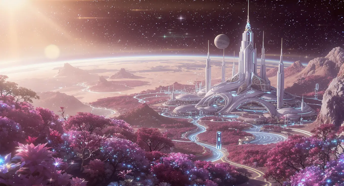 Futuristic human colony on an alien world with glowing flora