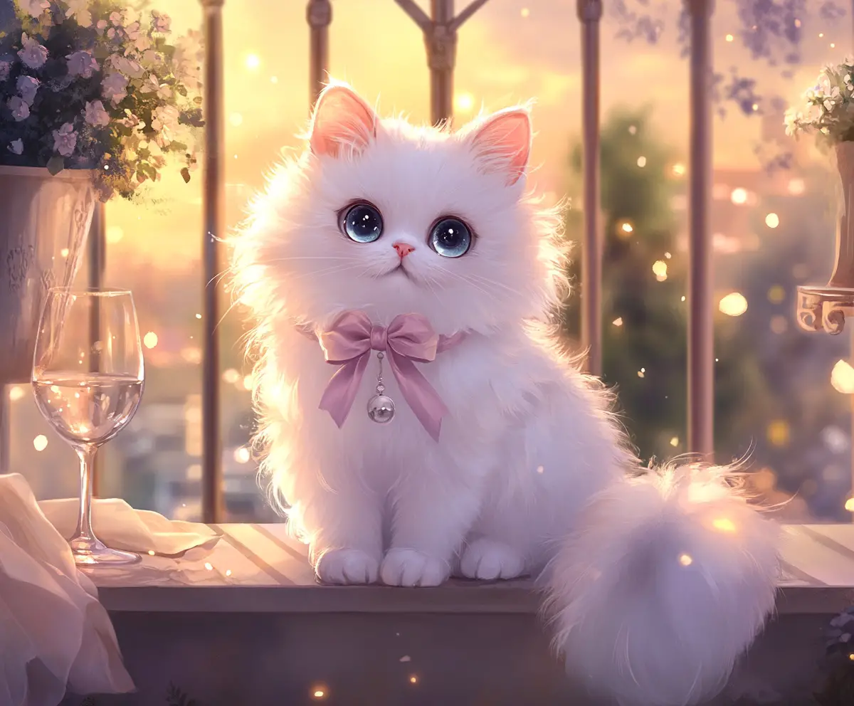 Cute white anime cat on a dreamy balcony