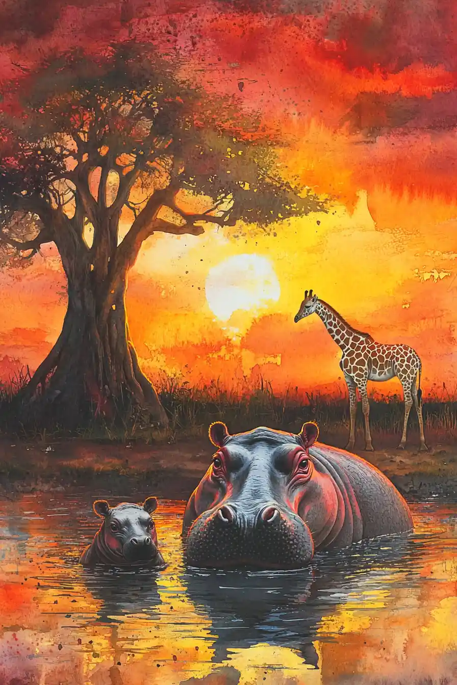 Hippos Resting In A Serengeti Watering Hole At Sunset