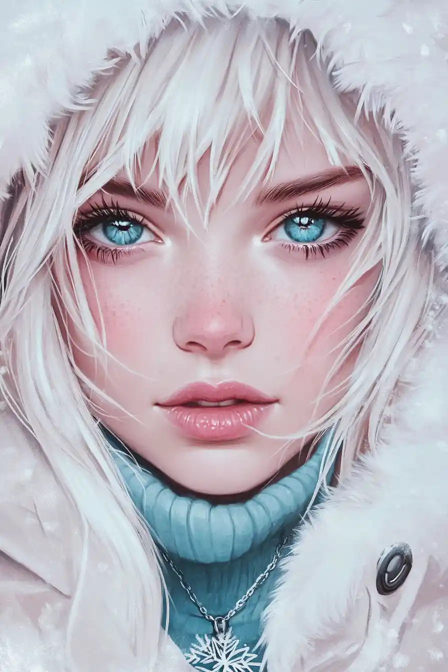 Frosted portrait of blue eyed girl in white fur hood