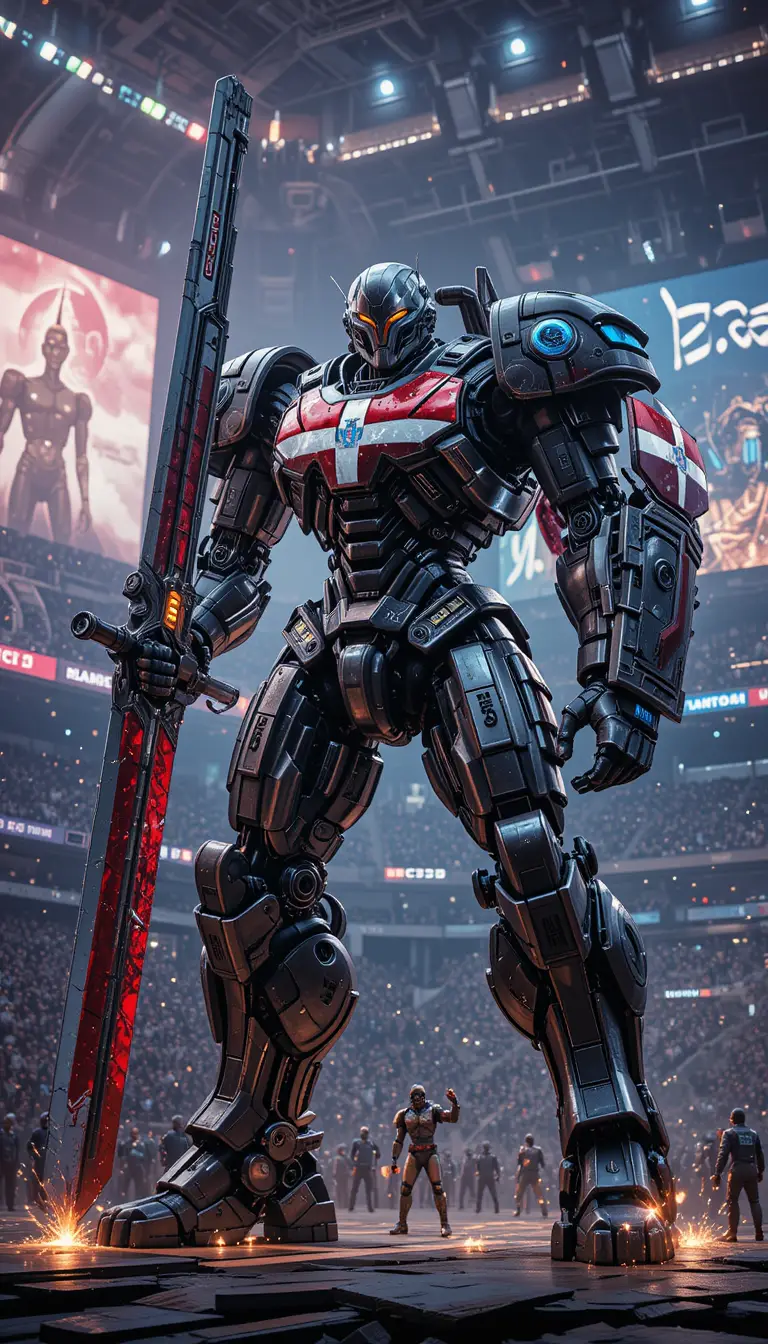 Armored Giant Robot In Futuristic Arena Battle Scene