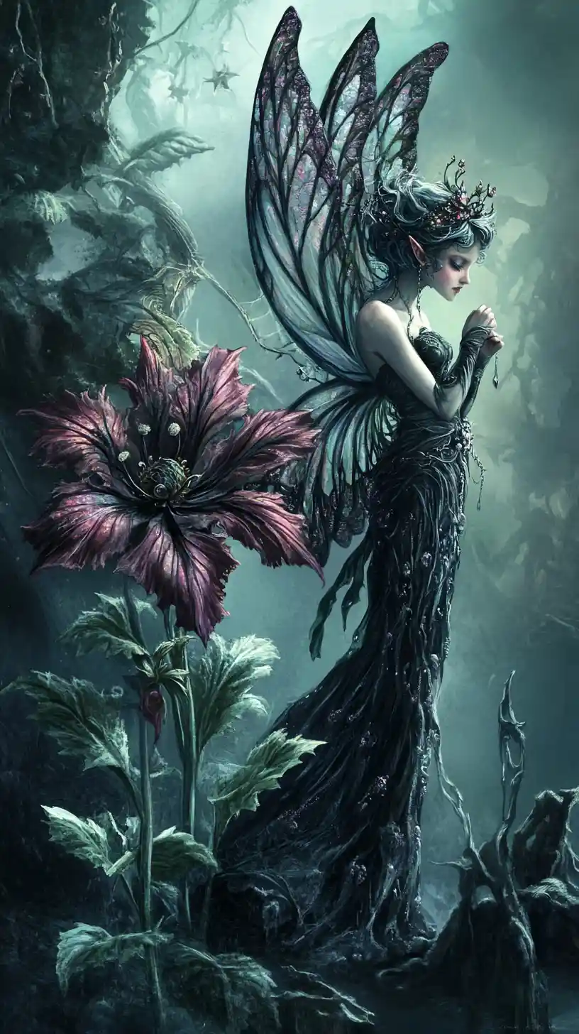 Mischievous fairy beside a mysterious nocturnal forest bloom