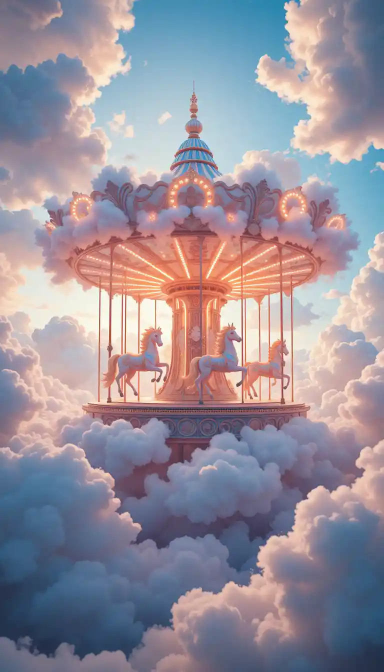 Magical carousel floating on clouds in a glowing sky