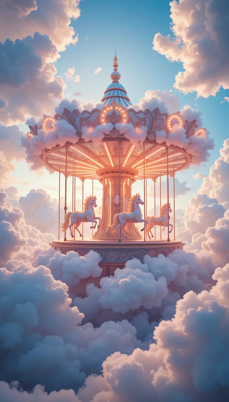 Carrousel magique flottant sur les nuages dans un ciel lumineux