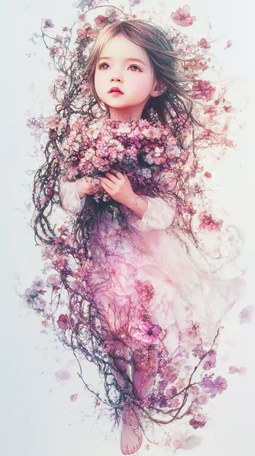 Whimsical portrait of a young girl in a flower dress