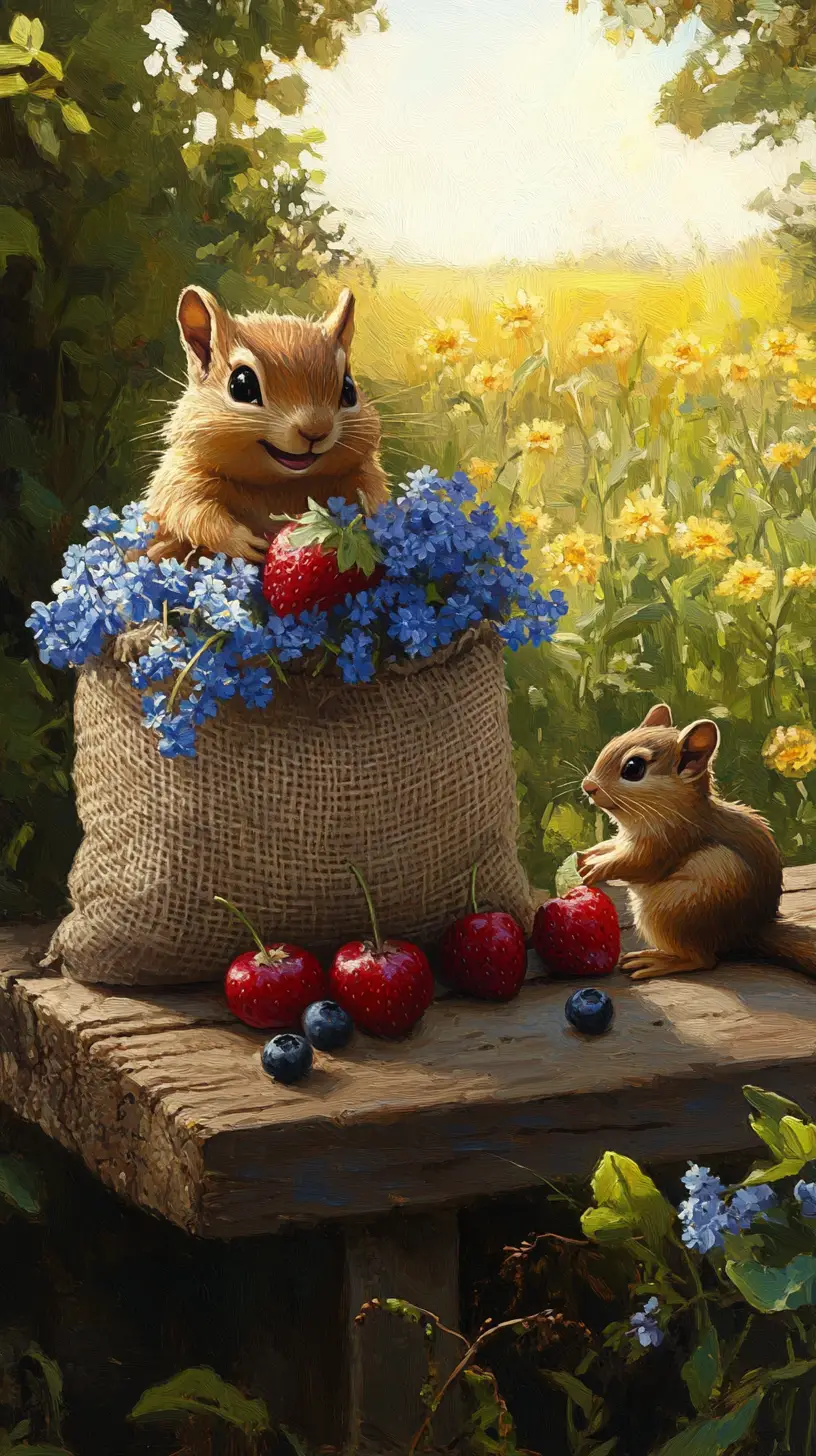 Cute Chipmunks With Flowers On A Rustic Wooden Bench