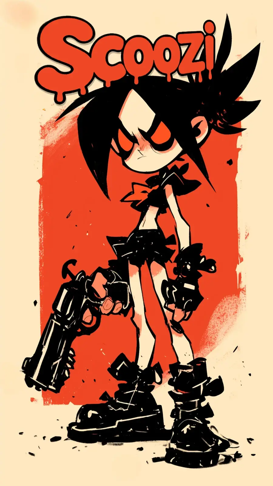 Rebellious cartoon girl with guns on fiery red background