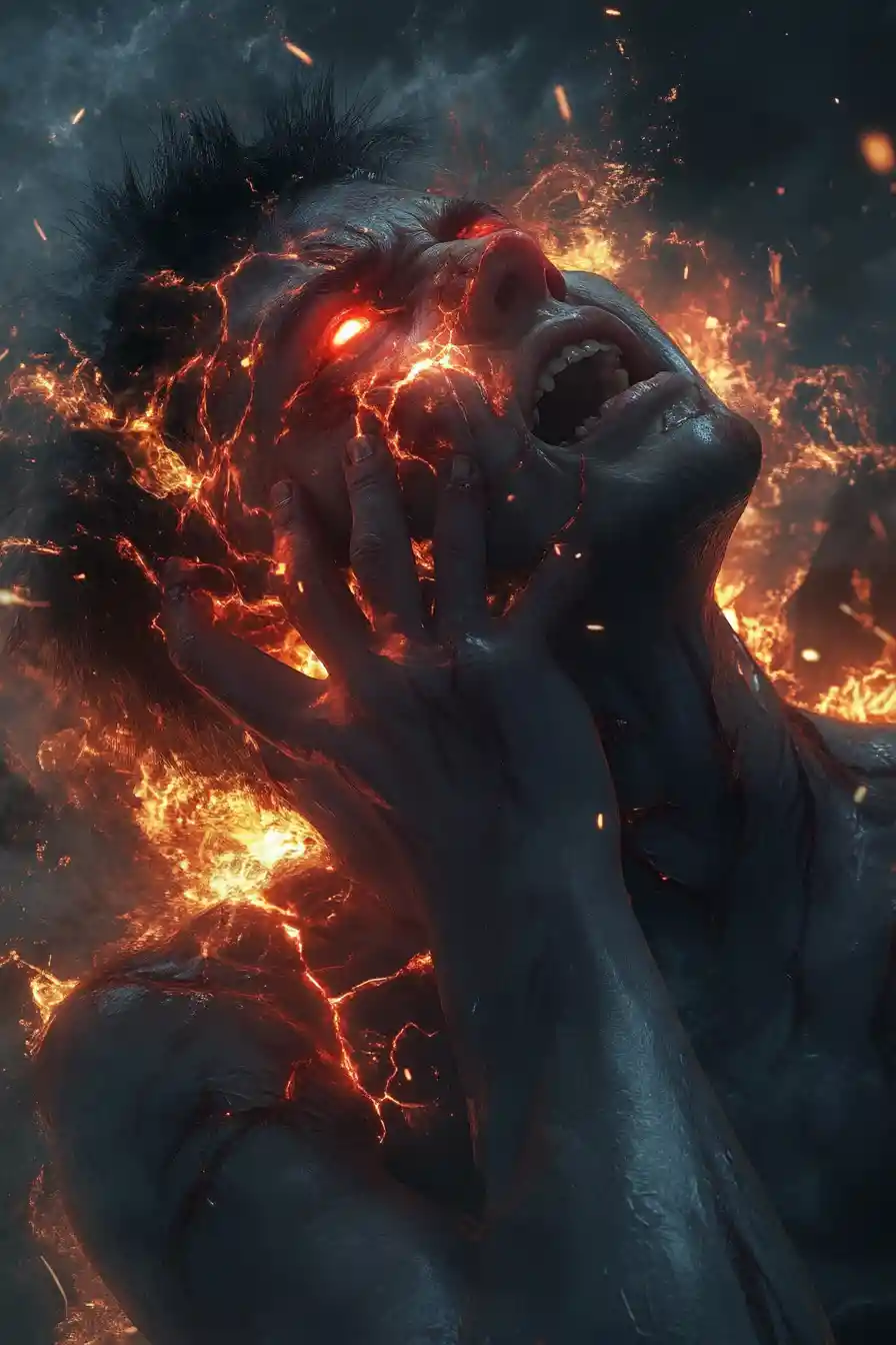 Anime man screaming to the sky with glowing red eyes