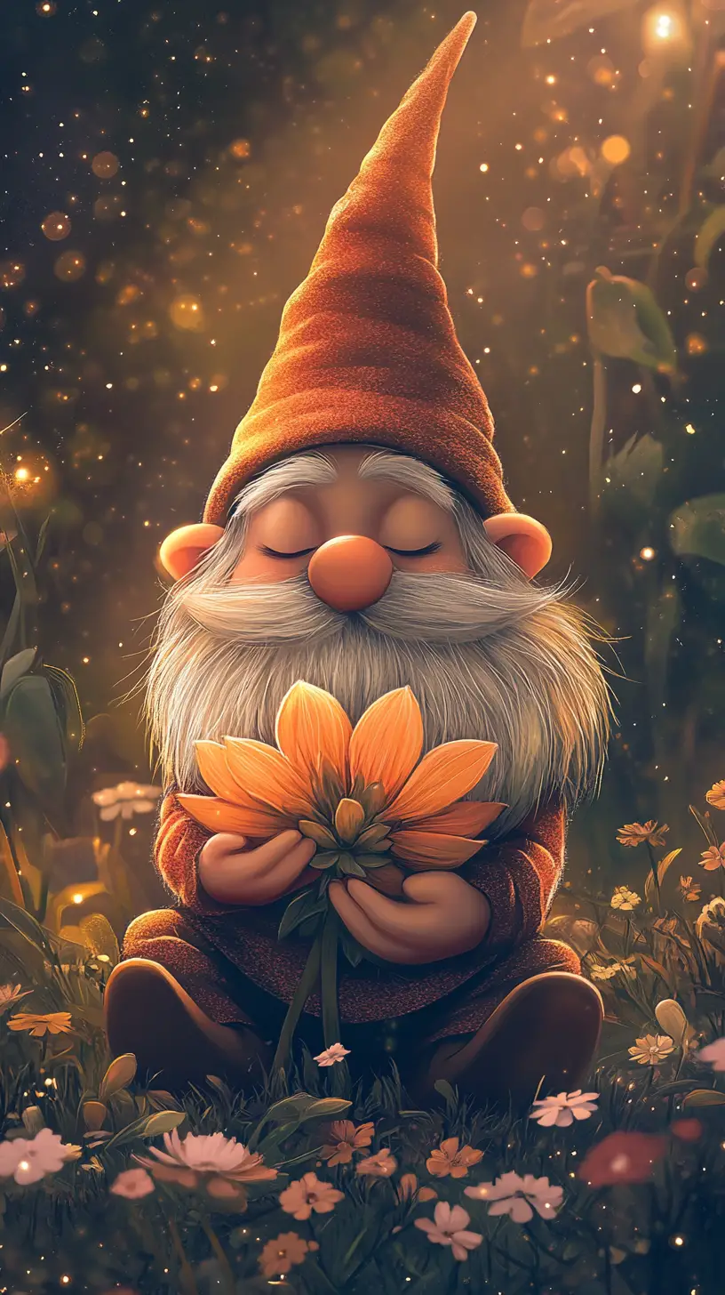 Cute gnome holding a flower in a peaceful field