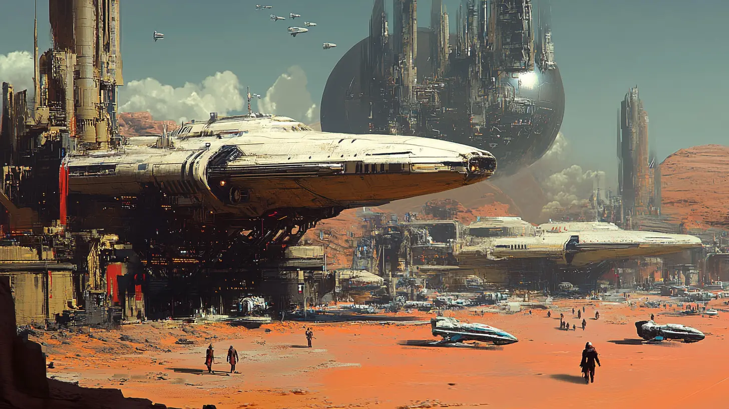 Vibrant Offworld Space Colony With Busy Desert Spaceport