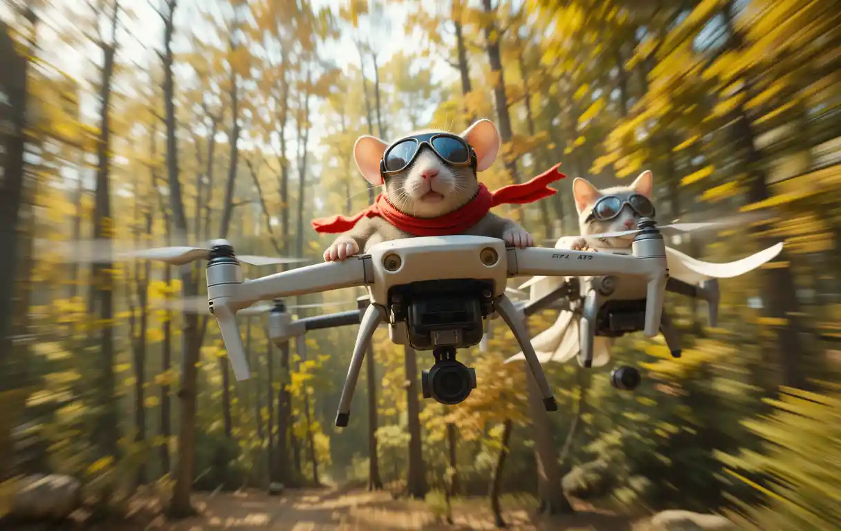 High tech drone chase with cat and mouse in forest
