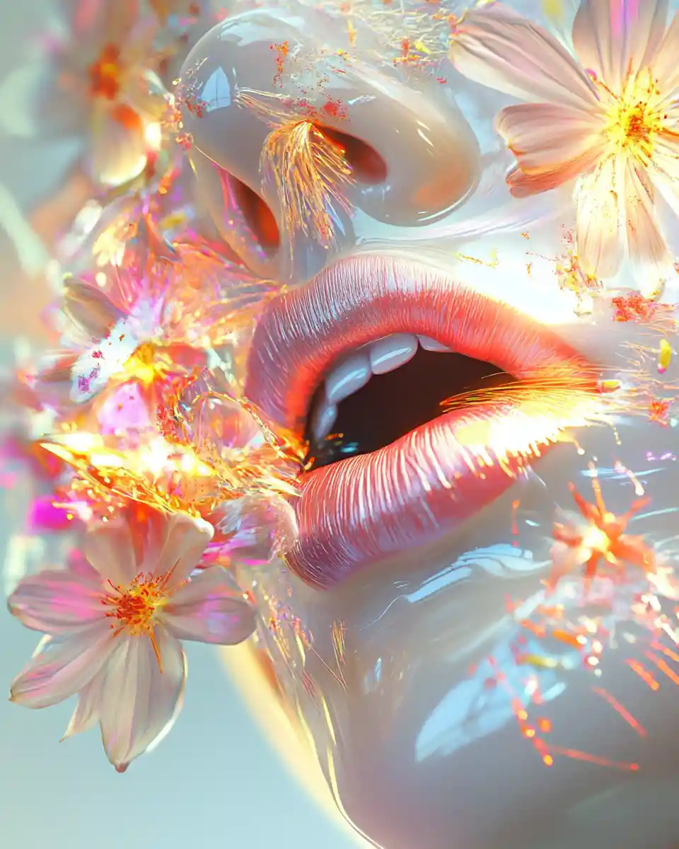 Colorful digital illustration of lips and fresh flowers