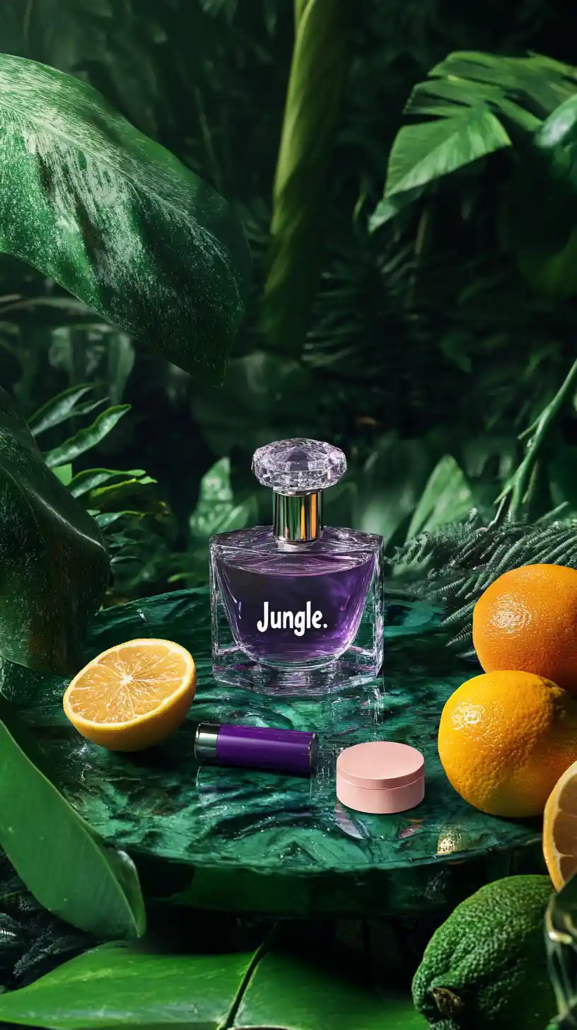 Crystal perfume bottle and makeup in lush jungle scene