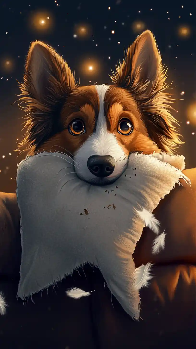 Guilty cute dog on sofa with torn pillow and feathers
