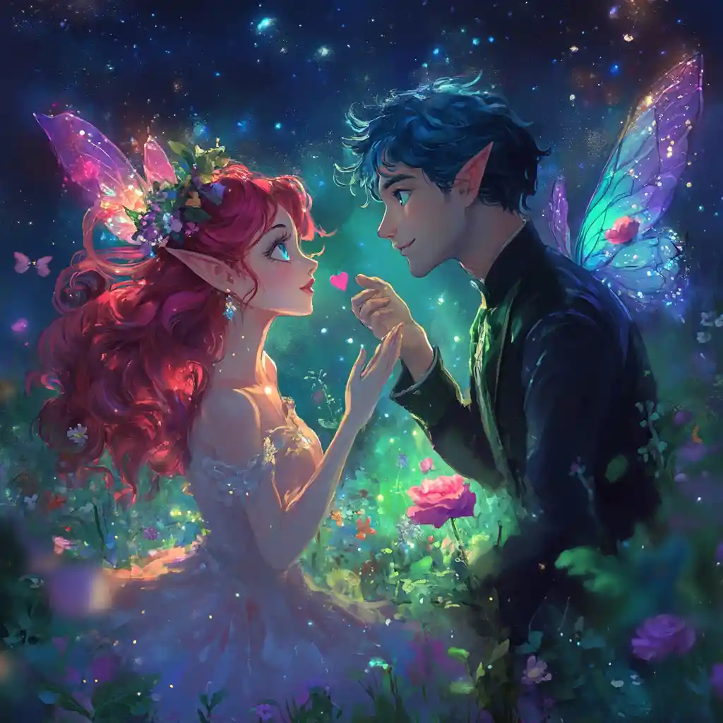 Tiny pink fairy girl dancing in a starry meadow