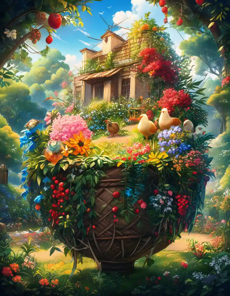 Sunlit garden with chickens and berries still life