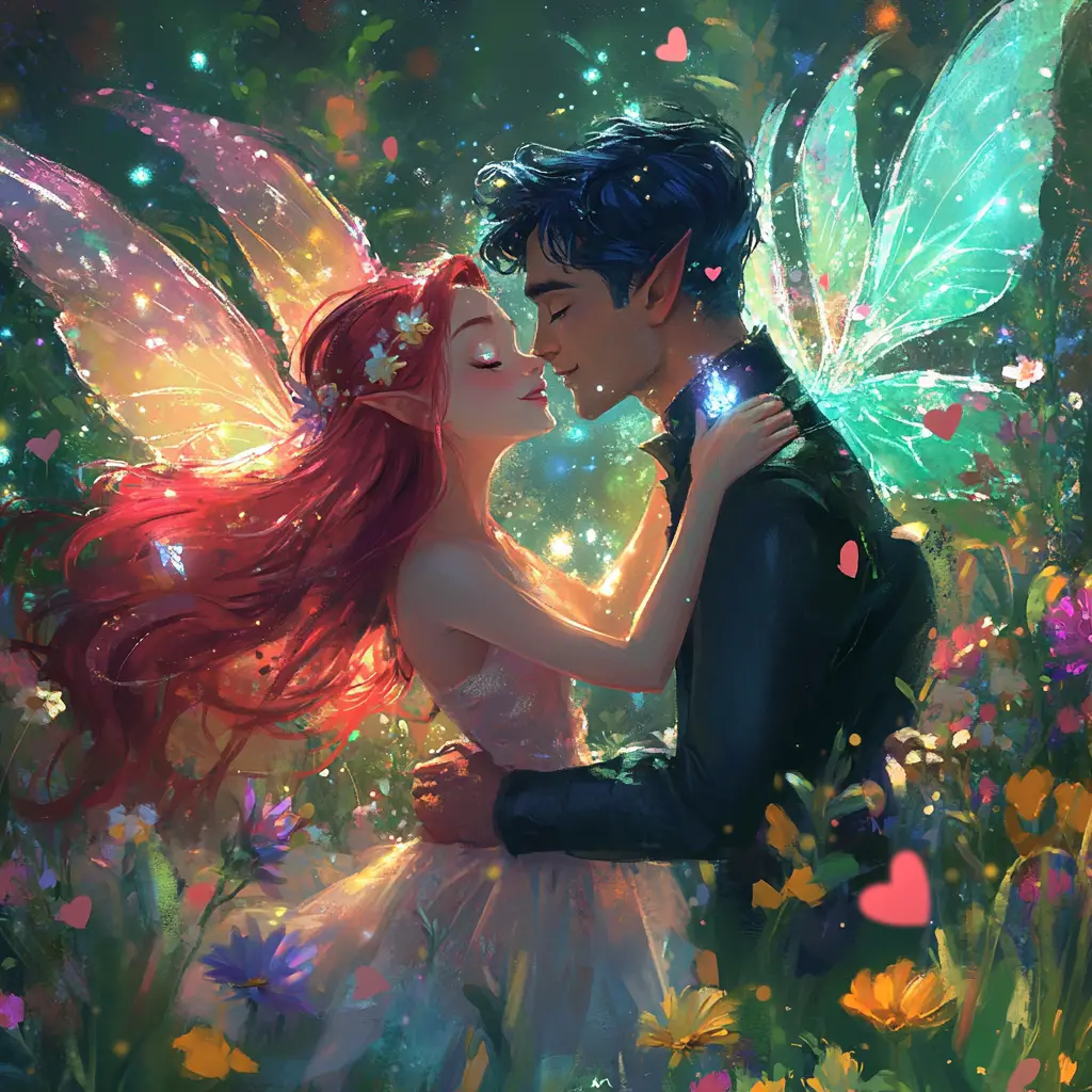 Shy pink fairy girl dancing in a moonlit meadow