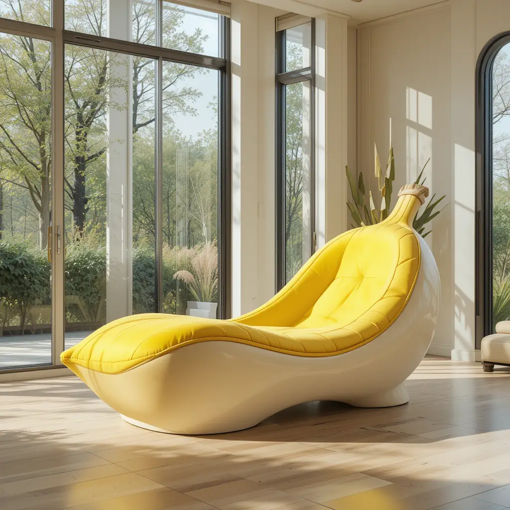 Curved banana inspired chaise lounge in sunny living room