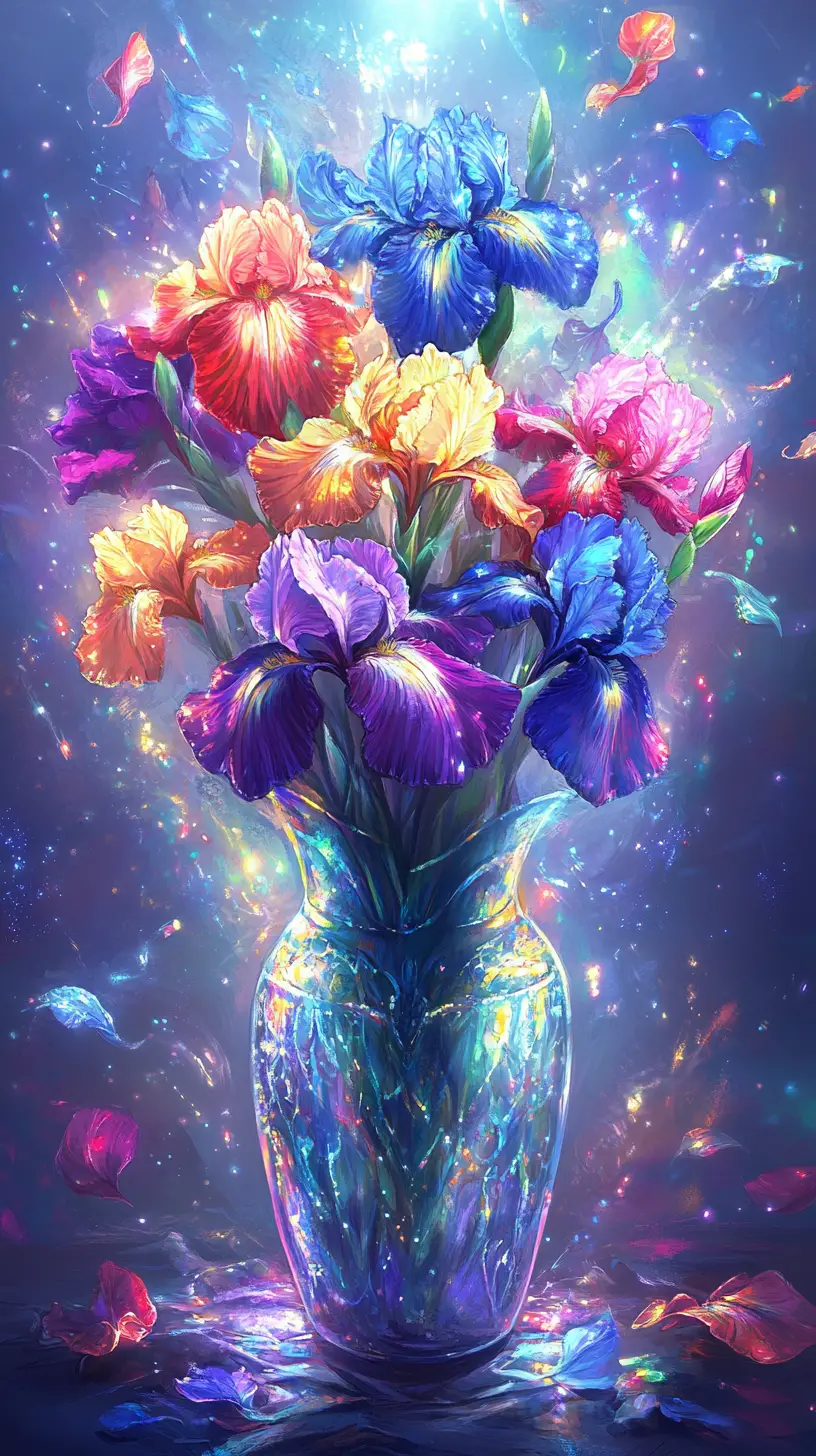 Colorful Iris Flower Bouquet In Magical Fantasy Vase