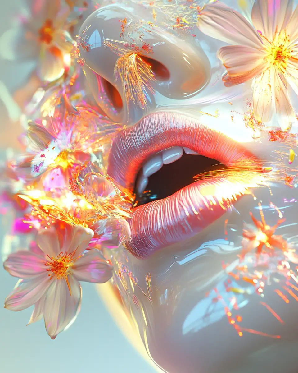 Colorful digital illustration of lips and fresh flowers