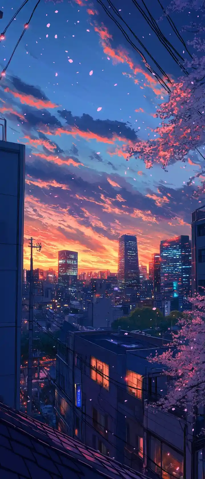 Anime girl on city rooftop at night with glowing skyline