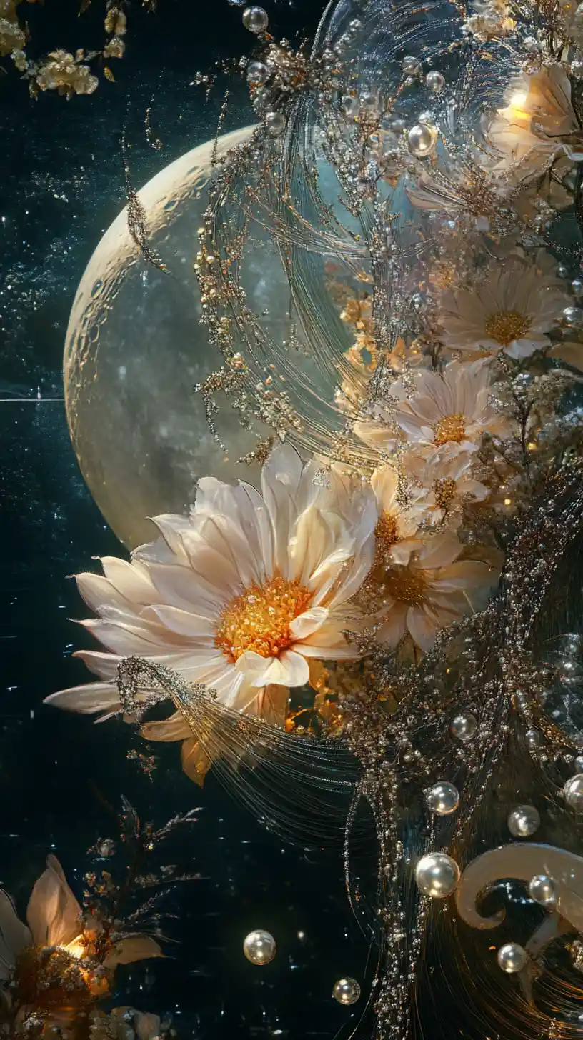 Enchanted Flowers And Pearls Under Silver Moonlight