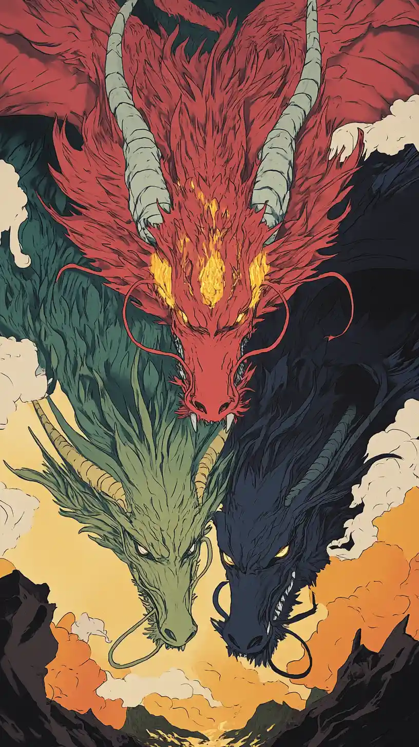 Colorful anime style illustration of a colossal five headed dragon