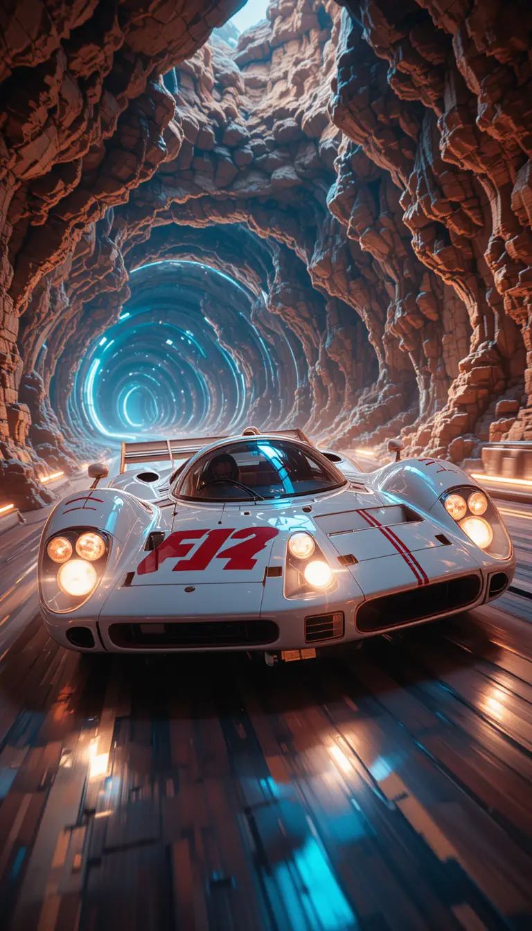 White racing car charges forward through a mysterious scene