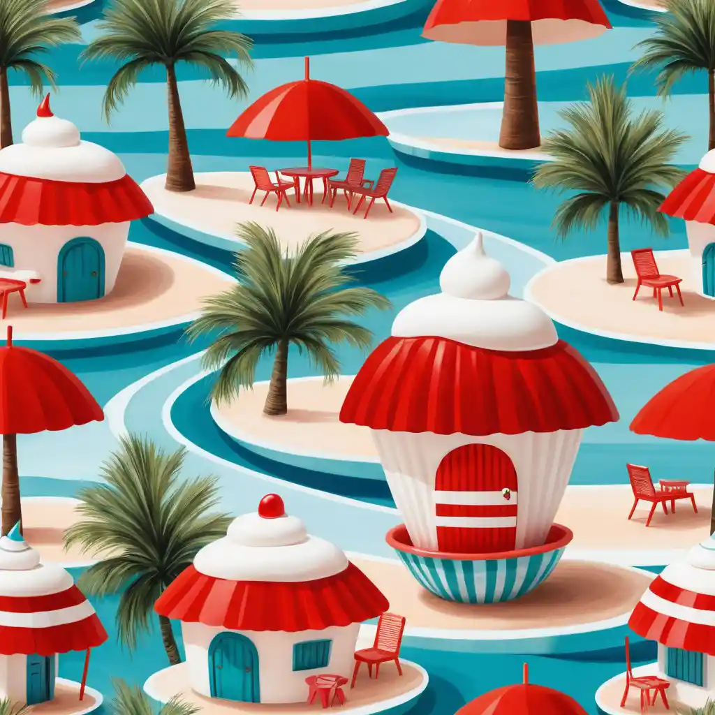 Striped ceramic bowl island with palm trees and huts