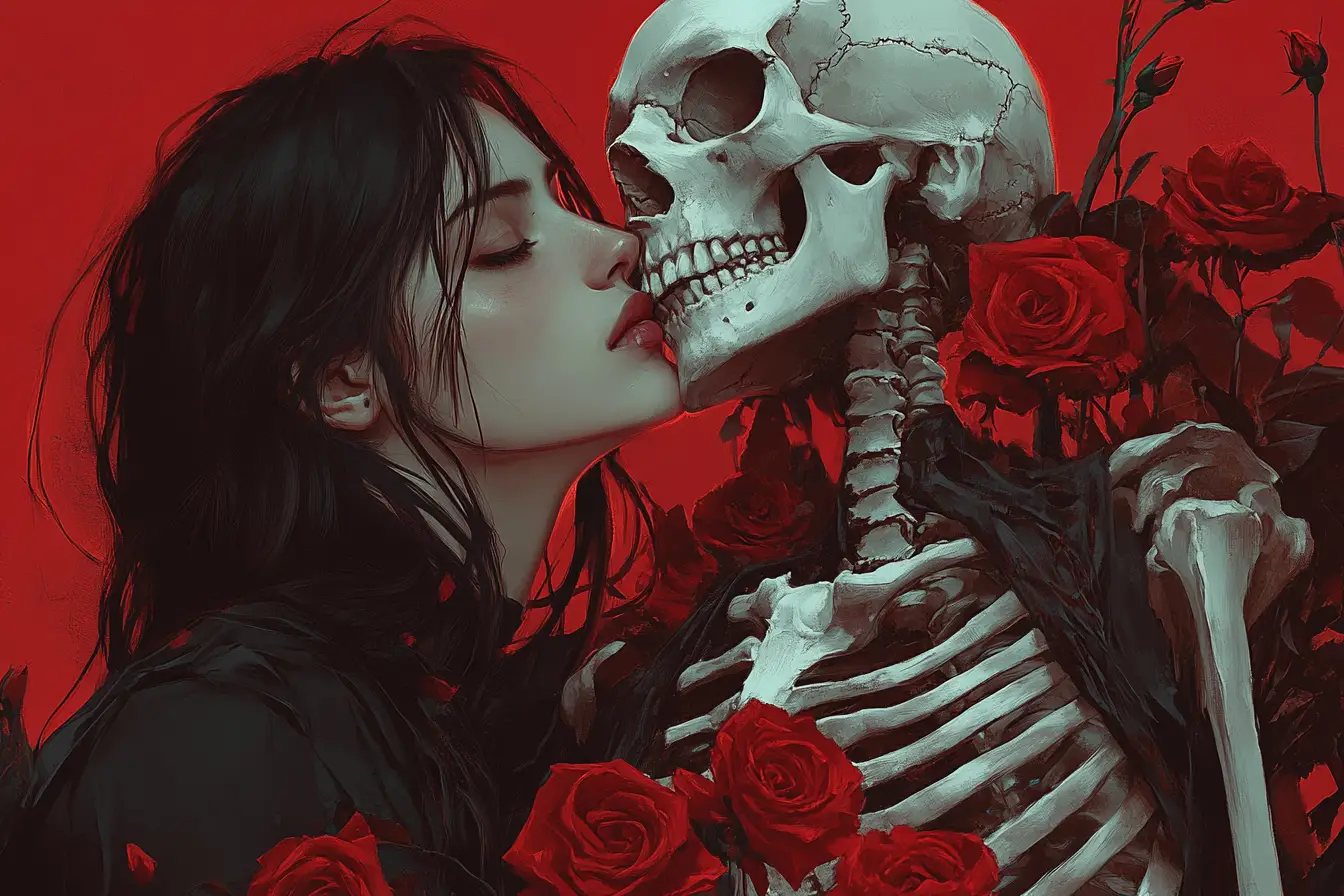 Woman And Skeleton Surrounded By Dark Red Roses