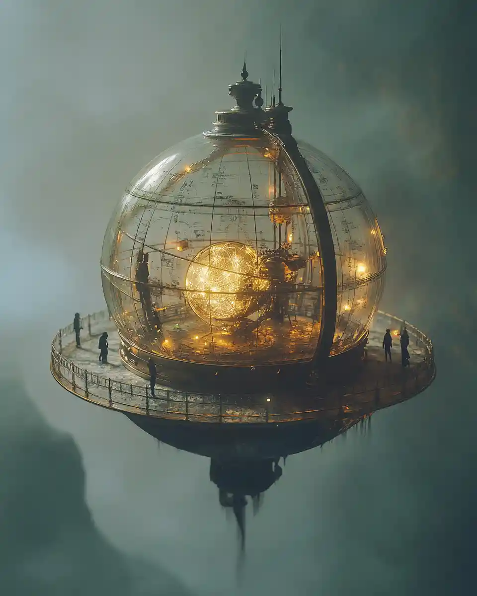 Abandoned observatory on a floating island under silent skies