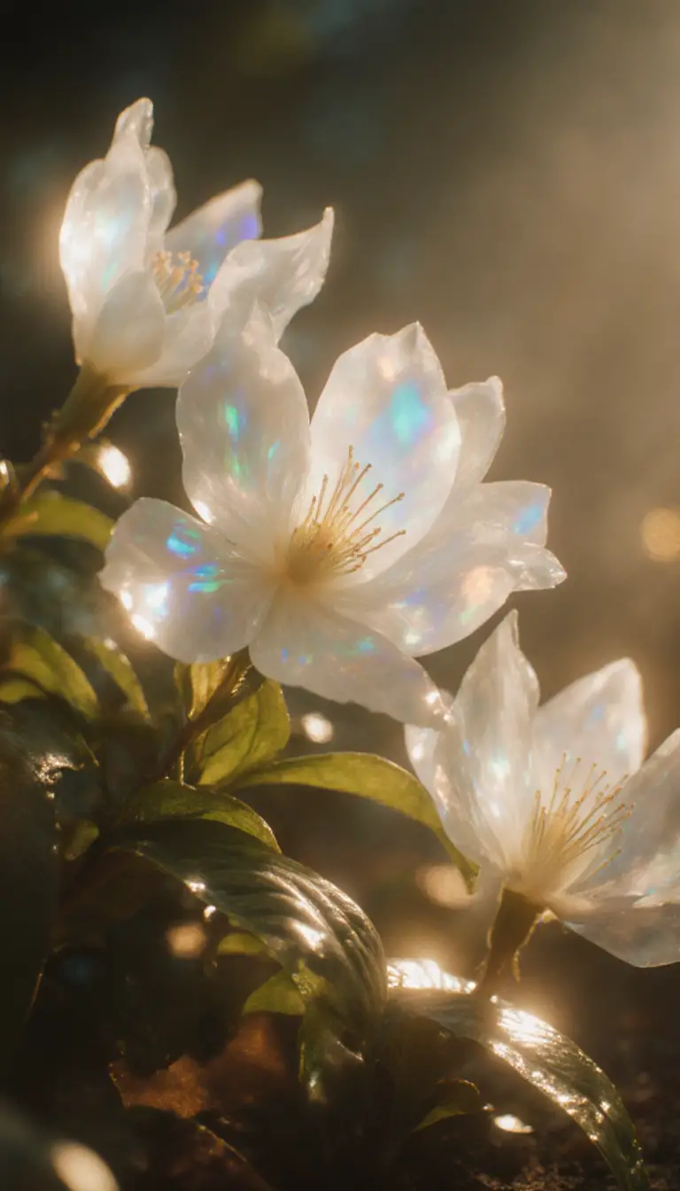 Close up of surreal glass white orchid in sunlight