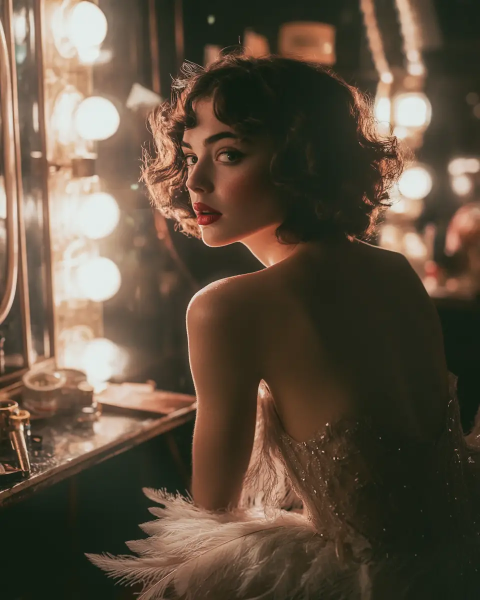 1920s actress in a softly lit vintage dressing room