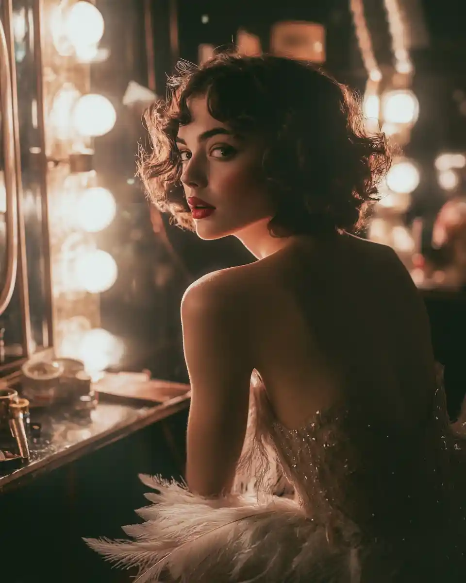 Atriz dos anos 1920 em um camarim vintage com iluminação suave