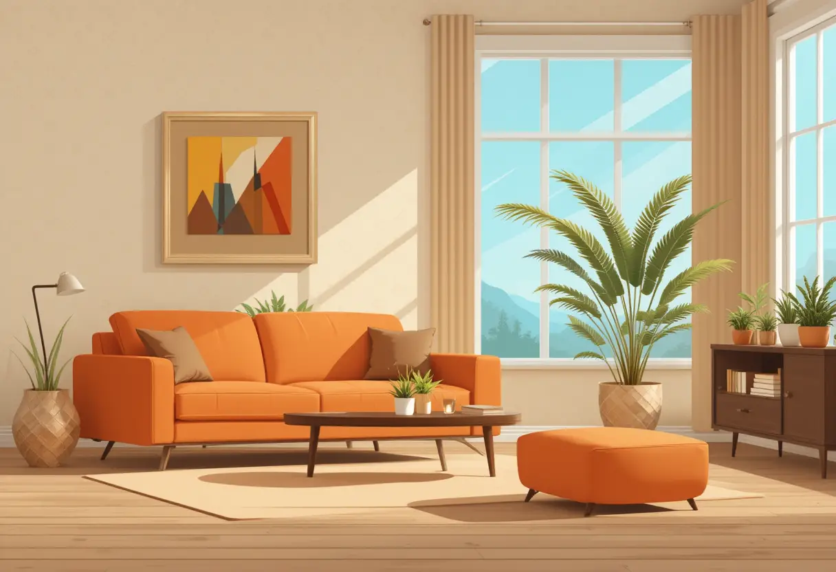 Warm mid century living room with orange sofa and plants