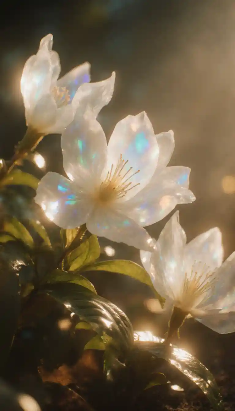 Close up of surreal glass white orchid in sunlight