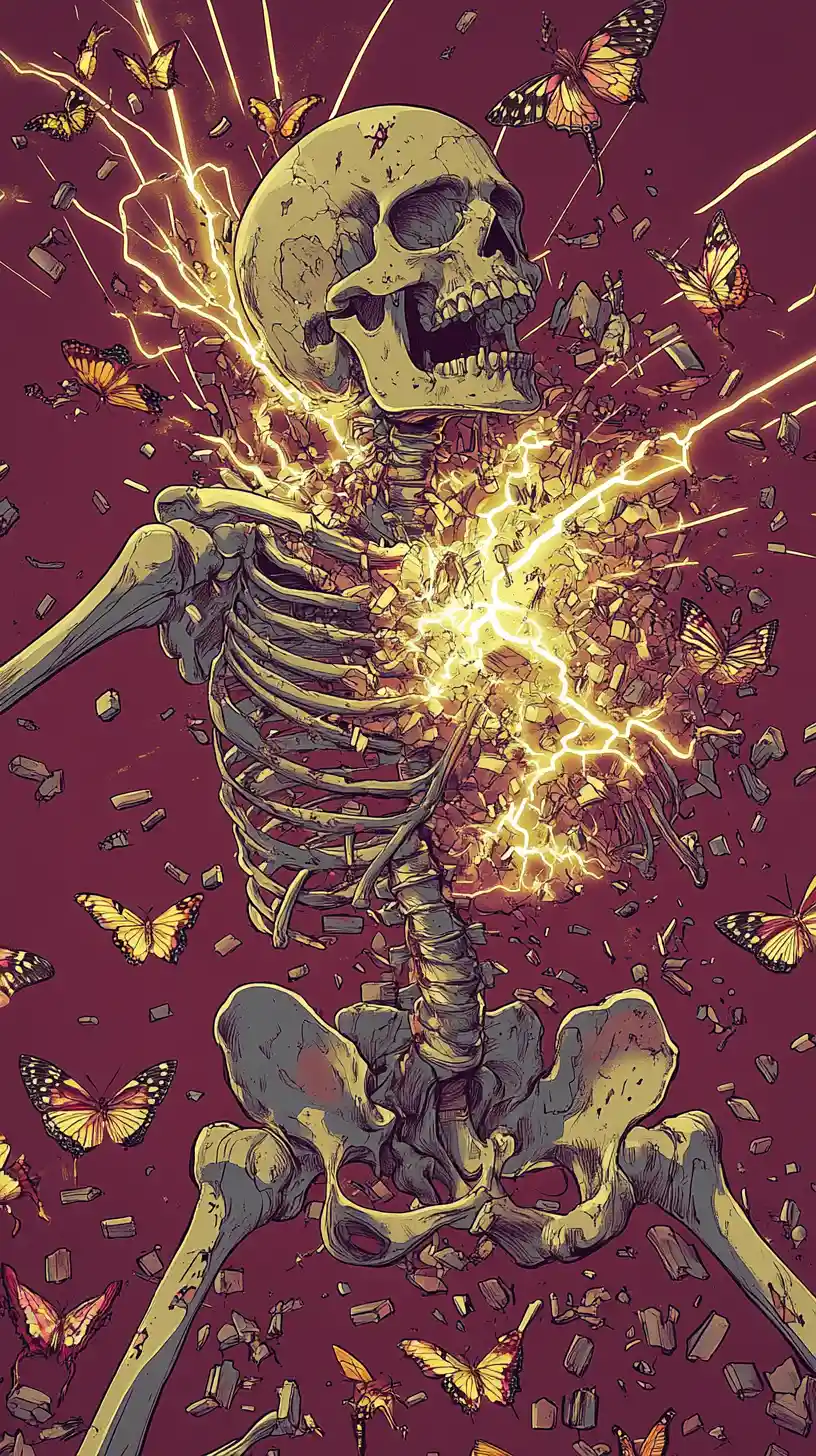Skeleton shattering in lightning on maroon album cover art