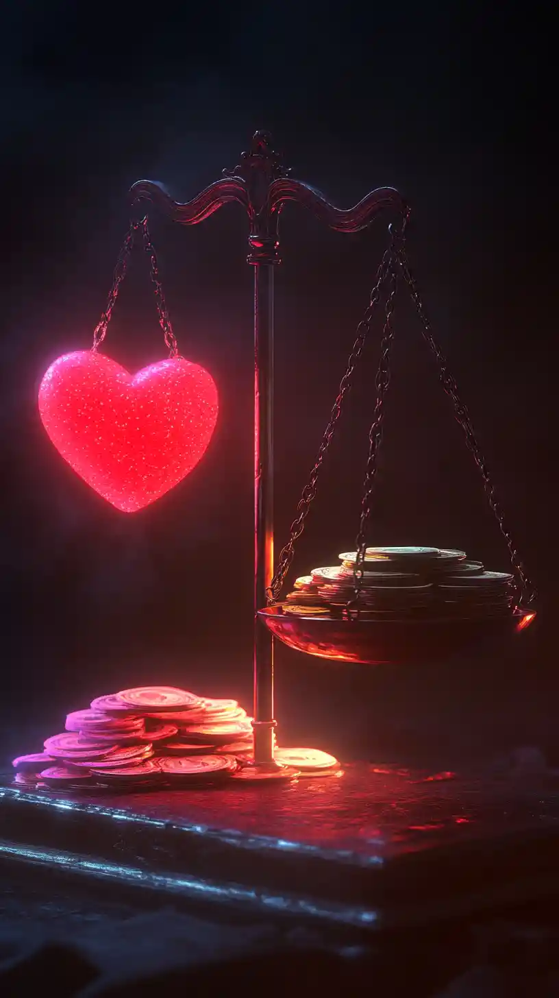 Balanced scale with glowing red heart and money