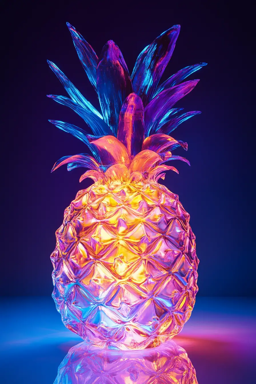 Ananas di Cristallo Luminoso su Sfondo Bianco Lucido
